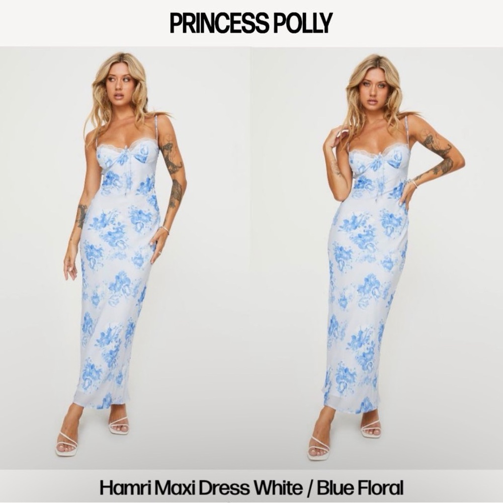 Princess Polly White & Blue Floral Slim Maxi Dress NWT